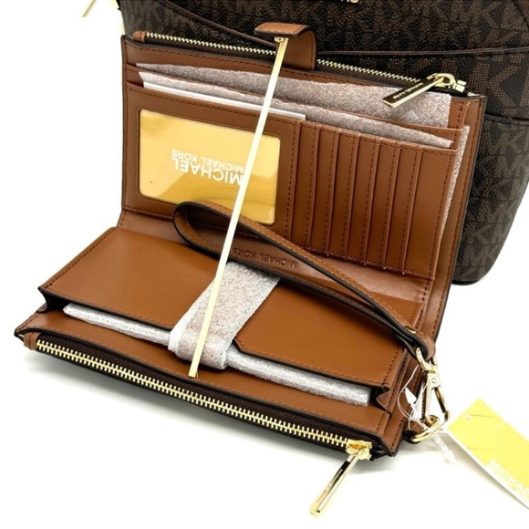 Michael Kors Jet Set Travel MD Logo Dome Crossbody Bag & Matching Wallet Brown - Picture 11 of 13